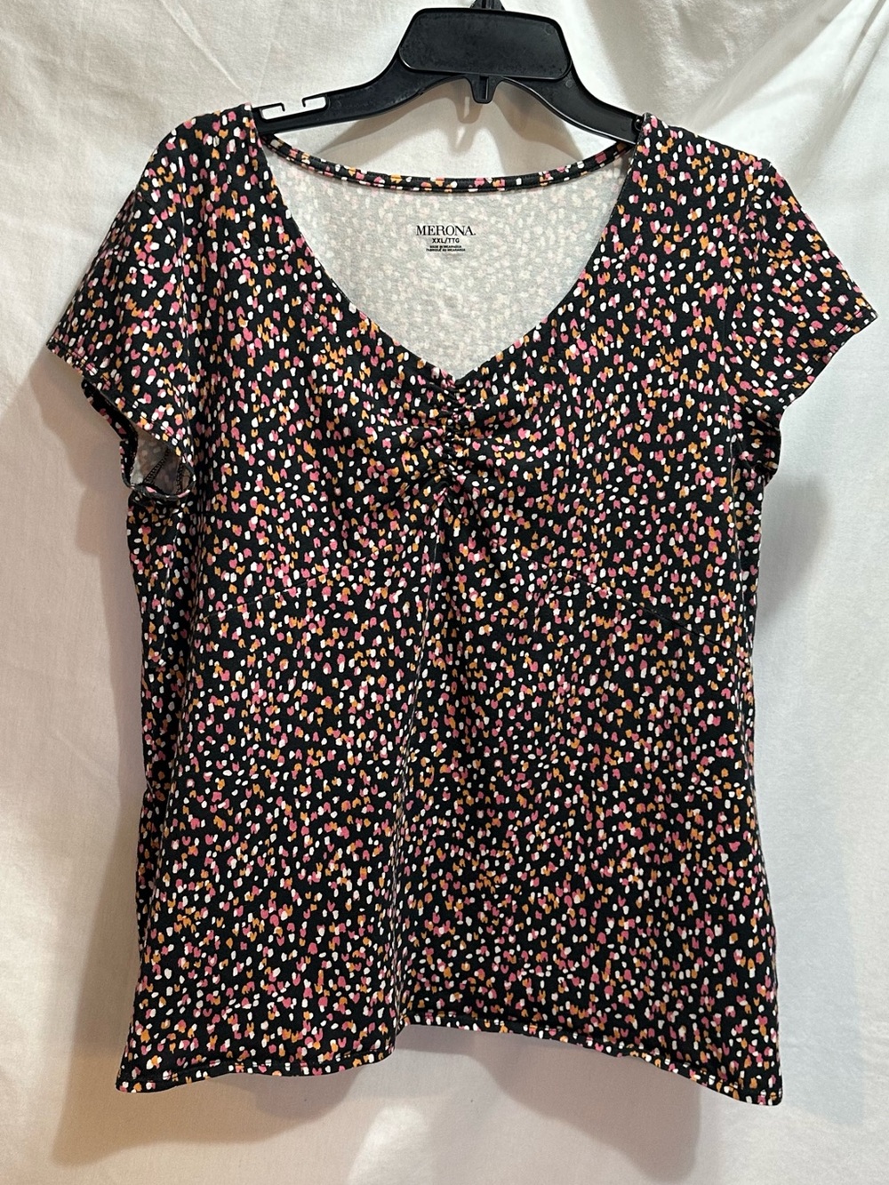 Merona Black Knit Top with Pink White Mustard and Orange Dot Print.